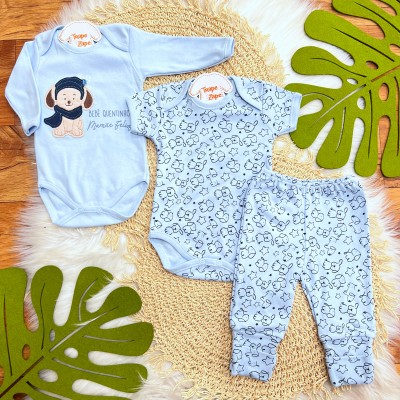  CONJ. DE MALHA 3 PEÇAS - Bebê Quentinho, Mamãe Feliz - Azul Bebê 